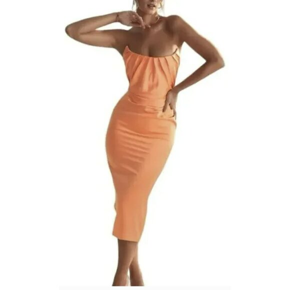 House of CB Midi Dress Corset Orange Strapless Ruched Sexy Sz Large NWT - Picture 2 of 11